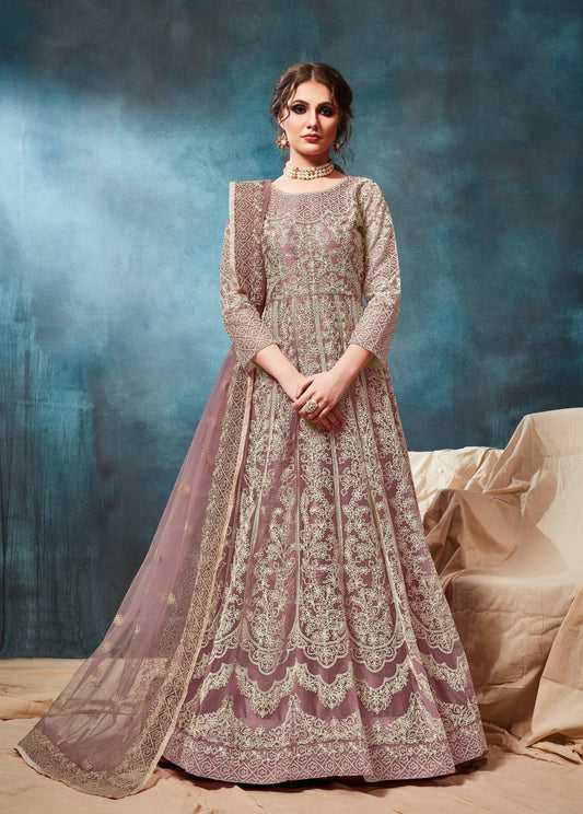 Anaita Light_Brown Embroidered Net Anarkali Suit