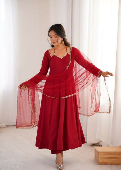 The52 Women's Gorgeous Embroidery Work Roman Silk Chanderi Fabric Flared Anarkali Pant and Dupatta Set