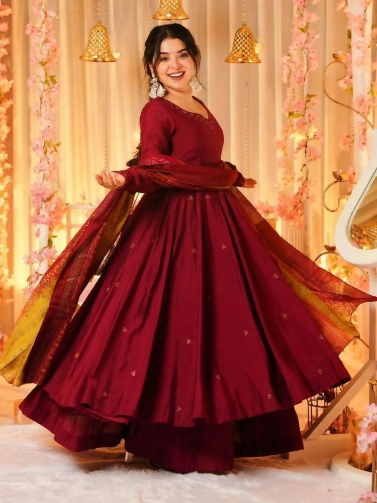 The52 Women's Beautiful Printed Work Viscose Fabric Flared Anarkali Palazzo and Dupatta Set