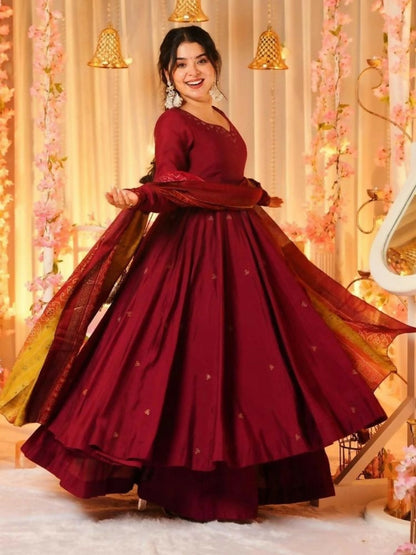 The52 Women's Beautiful Printed Work Viscose Fabric Flared Anarkali Palazzo and Dupatta Set