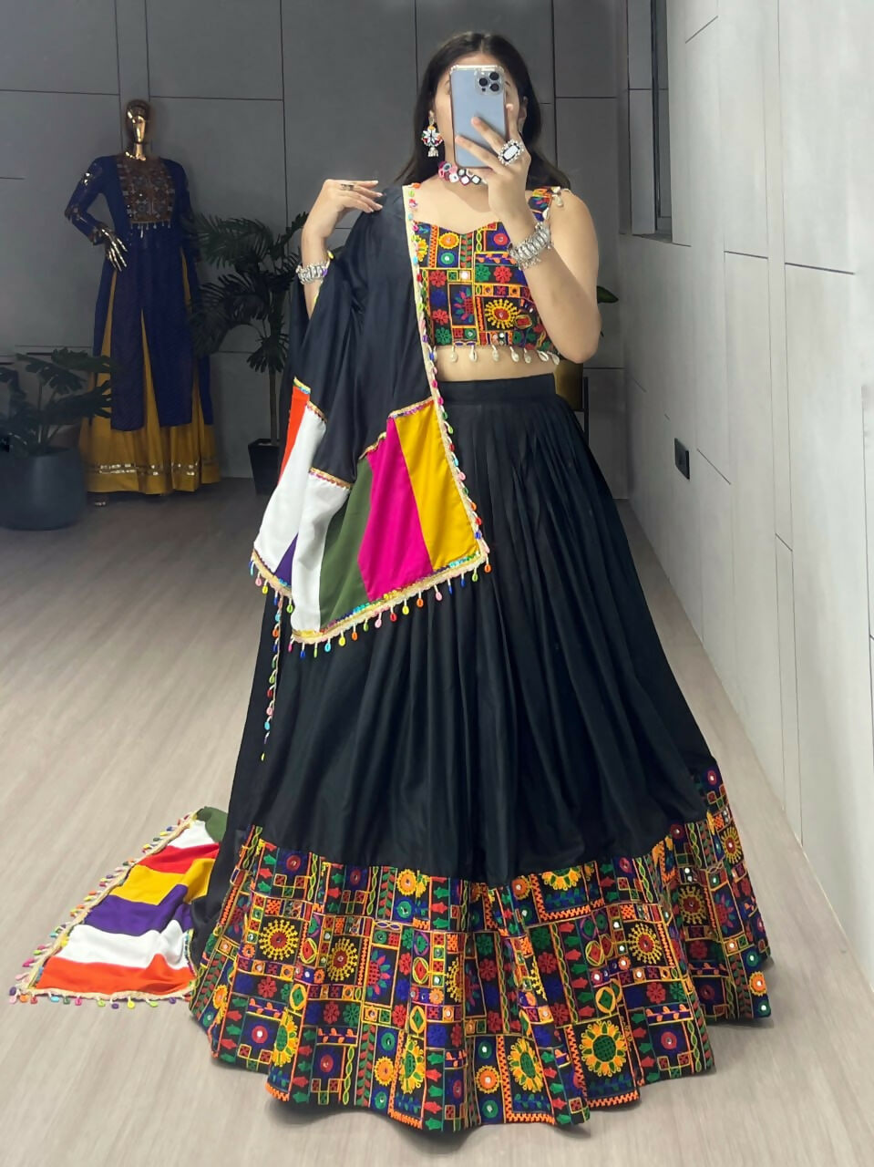 Yash Enterprise Black Rayon Cotton Embroidery Semi Stitched Navratri Chaniya Choli