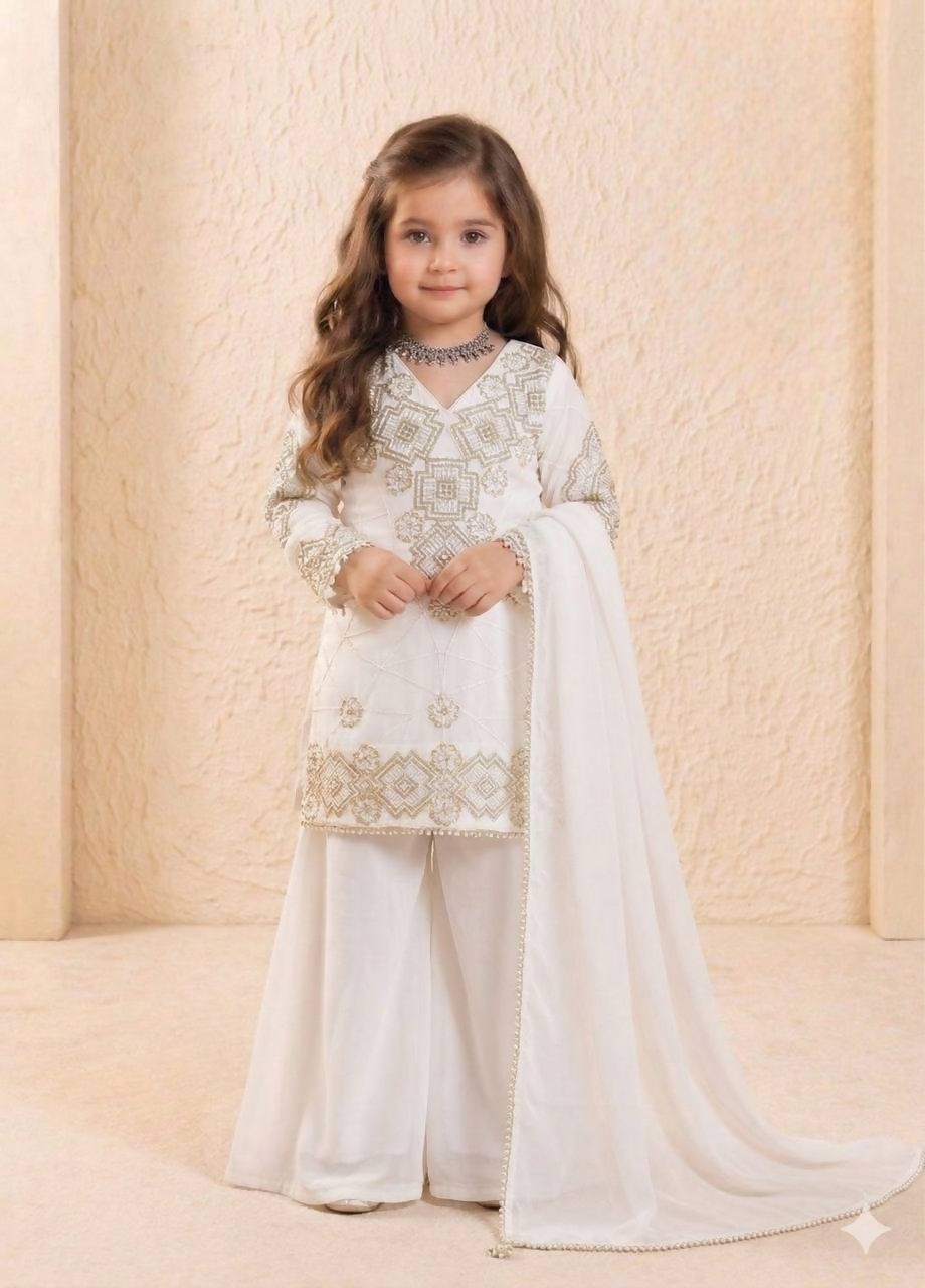 Teeya Creation New Kids Latest Trendy Kurta Palazzo Set-White