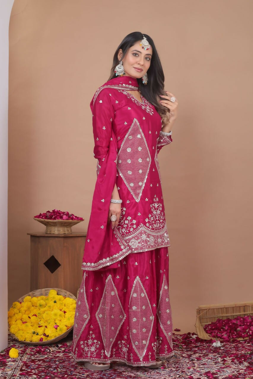 Teeya Creation New Womens Trendy Rani Pink Silk Blend Embroidered Sharara Suit Set With Dupatta