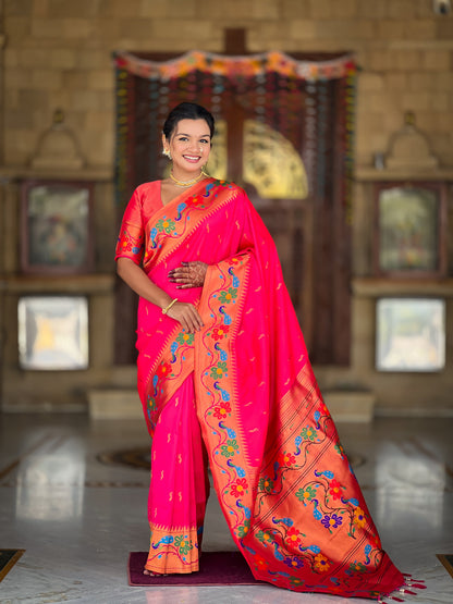 Mameraa Sarees Pink Green Faux Banarasi Silk Saree With Paithani Rich Weaved Pallu And Blouse-Pink