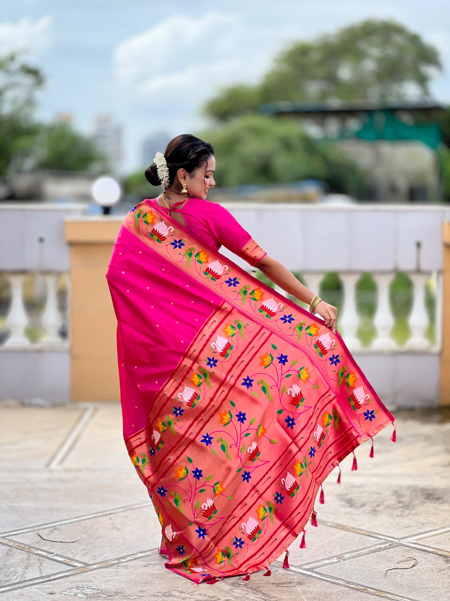 Mameraa Sarees Rani Pink Faux Banarasi Silk Saree With Paithani Rich Weaved Pallu And Blouse-Rani_Pink