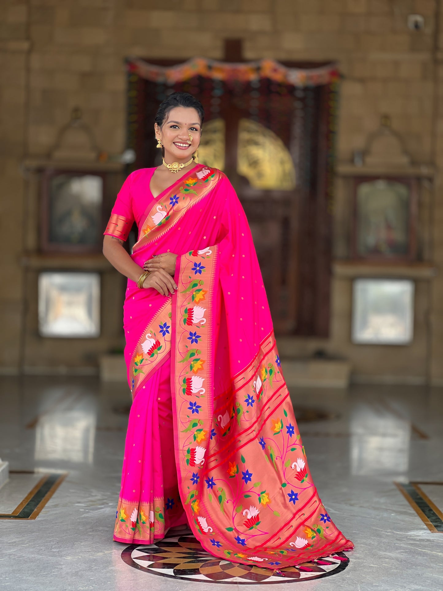 Mameraa Sarees Rani Pink Faux Banarasi Silk Saree With Paithani Rich Weaved Pallu And Blouse-Rani_Pink