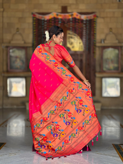 Mameraa Sarees Pink Green Faux Banarasi Silk Saree With Paithani Rich Weaved Pallu And Blouse-Pink
