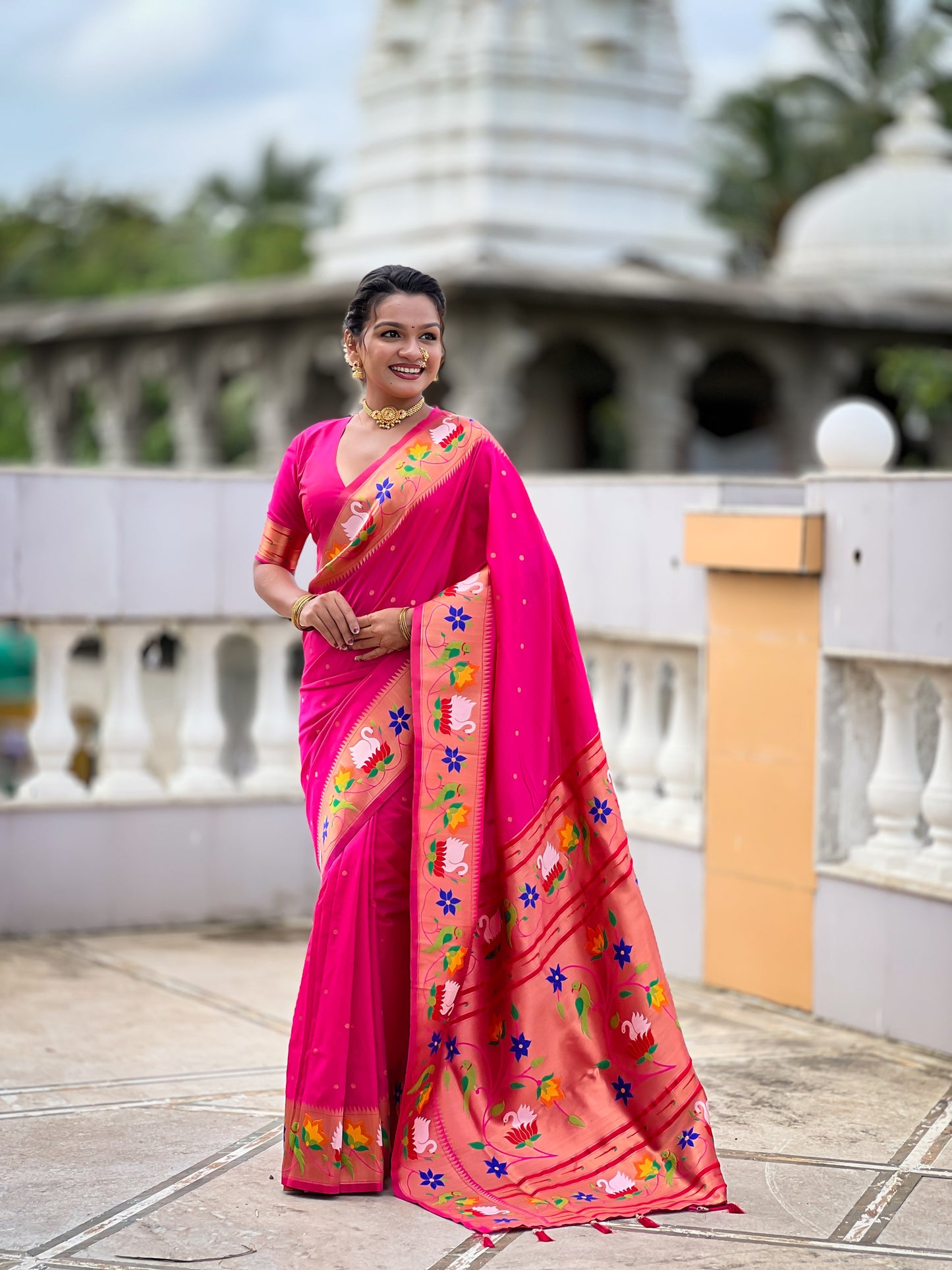 Mameraa Sarees Rani Pink Faux Banarasi Silk Saree With Paithani Rich Weaved Pallu And Blouse-Rani_Pink
