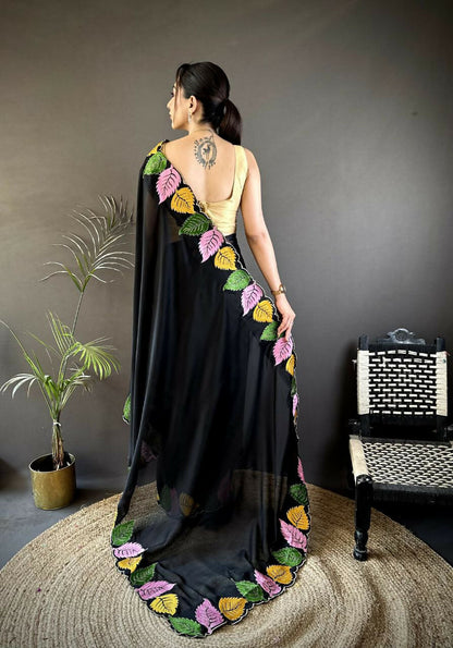 Prime Volt Multicolor Leaf Embroidery Rangoli Silk Saree with Scalloped Border-Black