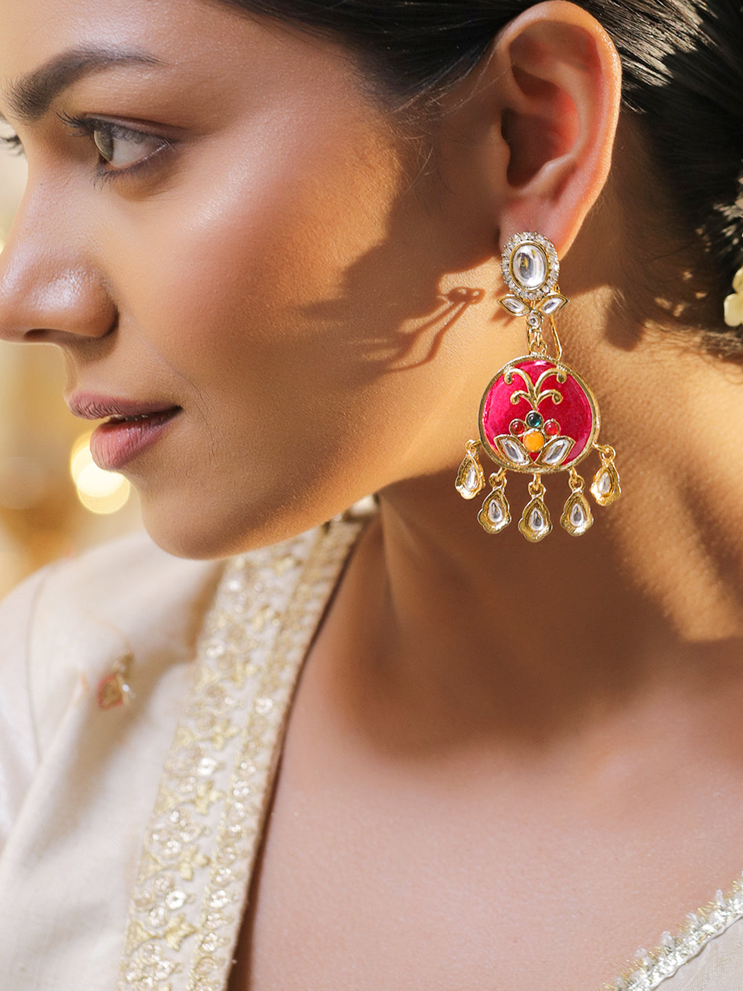 Pink & White Teardrop Kundan Dangler Earrings