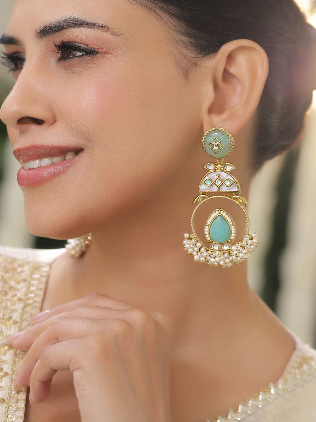 Gold Pearl Beaded Aqua Green Dangler Earrings