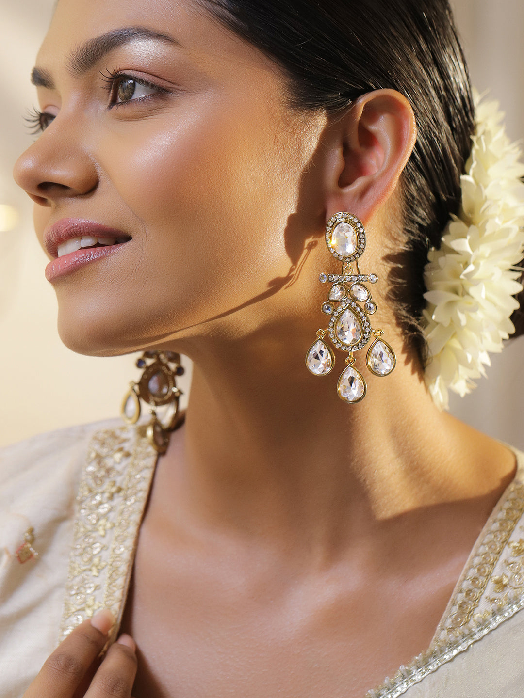 White Studded Gold Toned Danglers Earrings