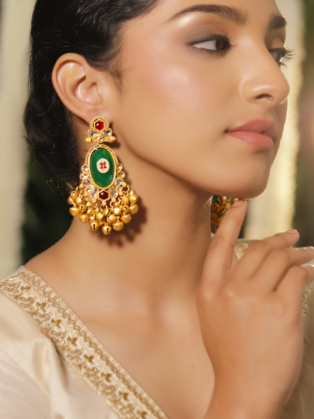 green Studded gold beaded Kashmiri dangle earrings