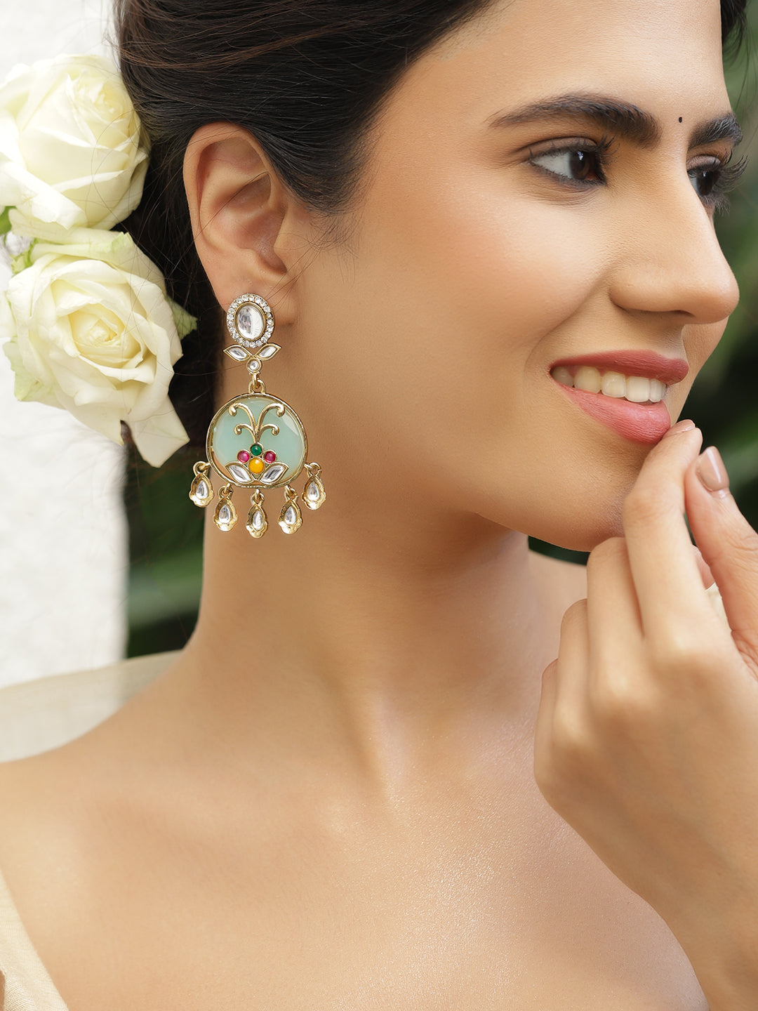 White Studded Blue Dangler Earrings