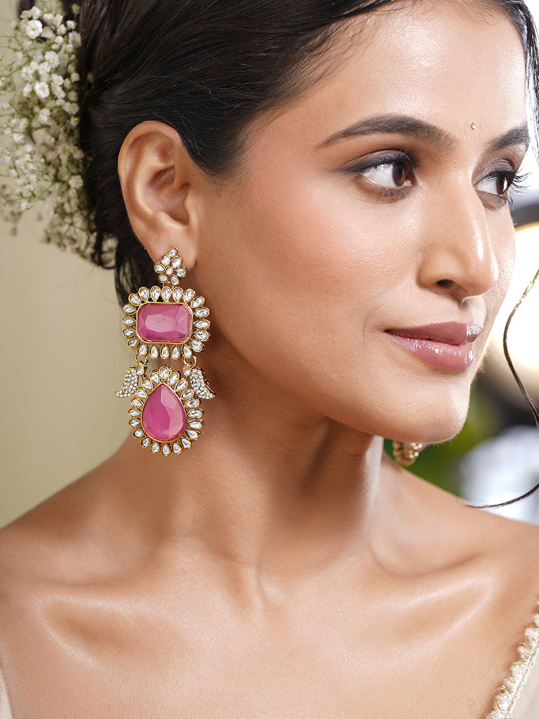Statement Pink American Diamond Drop Earrings
