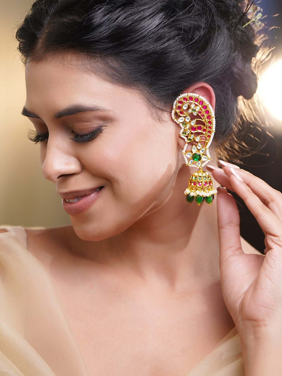 Wedding Glow Peacock Kundan Earcuff Jhumkas