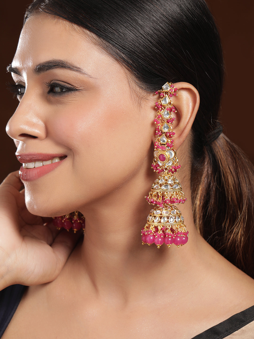 Luxurious Kundan Layered Pink Jhumka