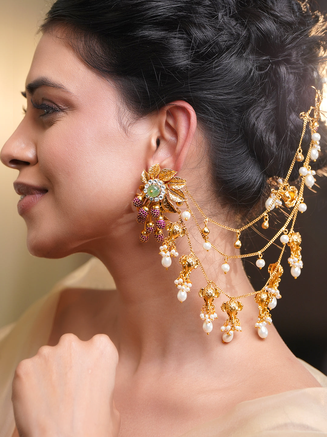 Bridal Blossom Pearl Ear Chain Earrings