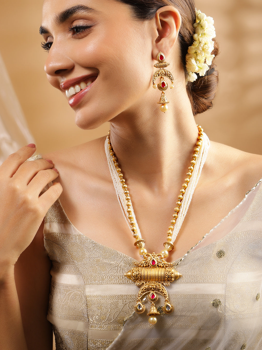 Rubans 18K Gold-Plated Red & White Stones Pearl Beads Multi-Starnd Temple Jewellery Set