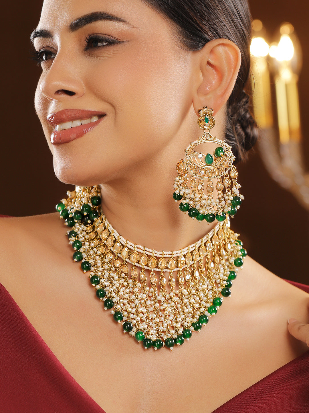 Pearl Embellished Green Beaded Kundan Choker Set