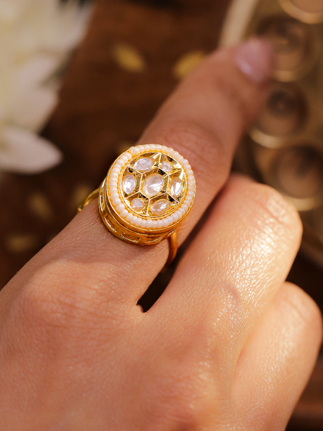White Studded Kundan Pearl Ring