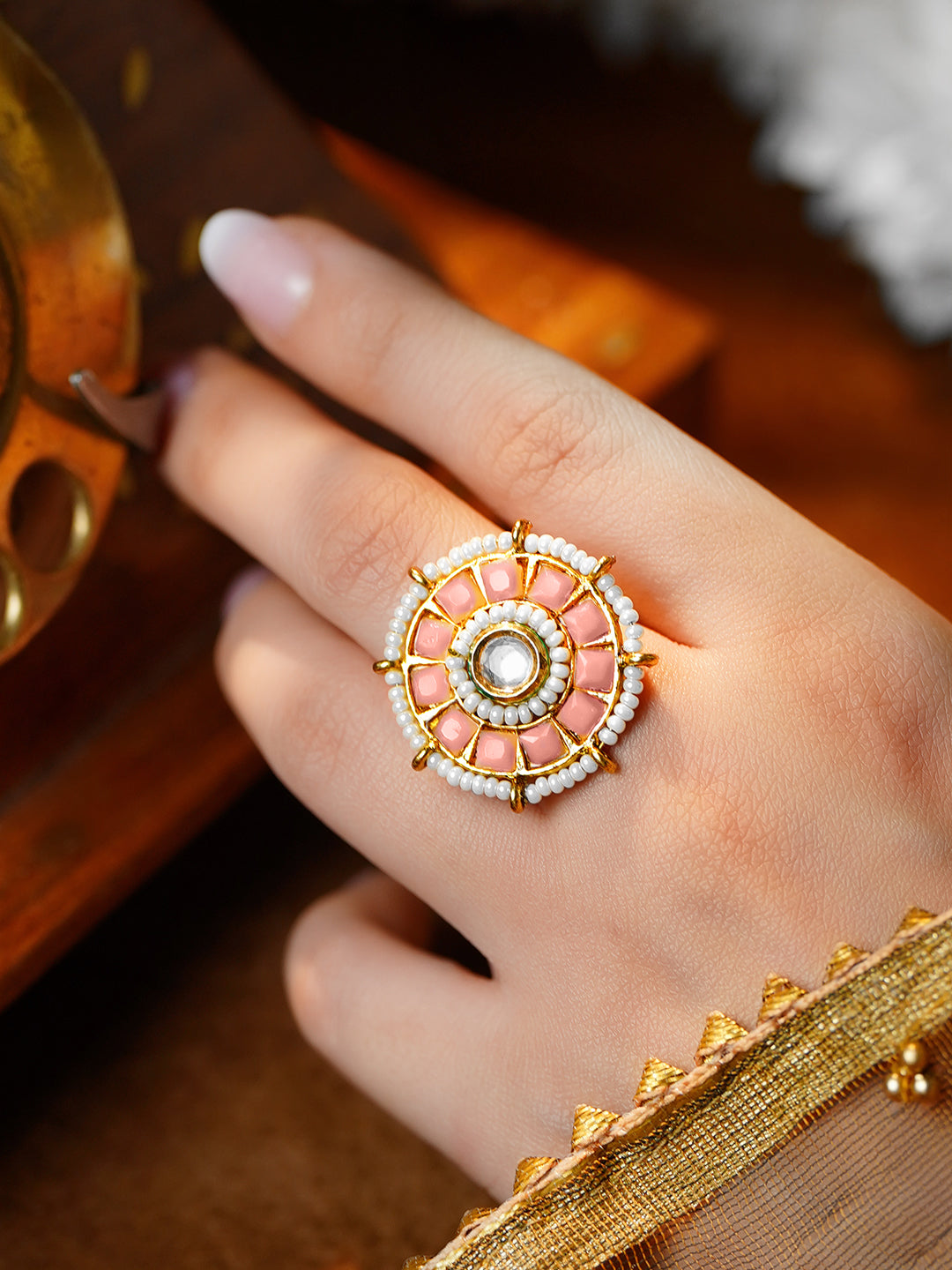 Pink Crystal Pearl Floral Statement Ring