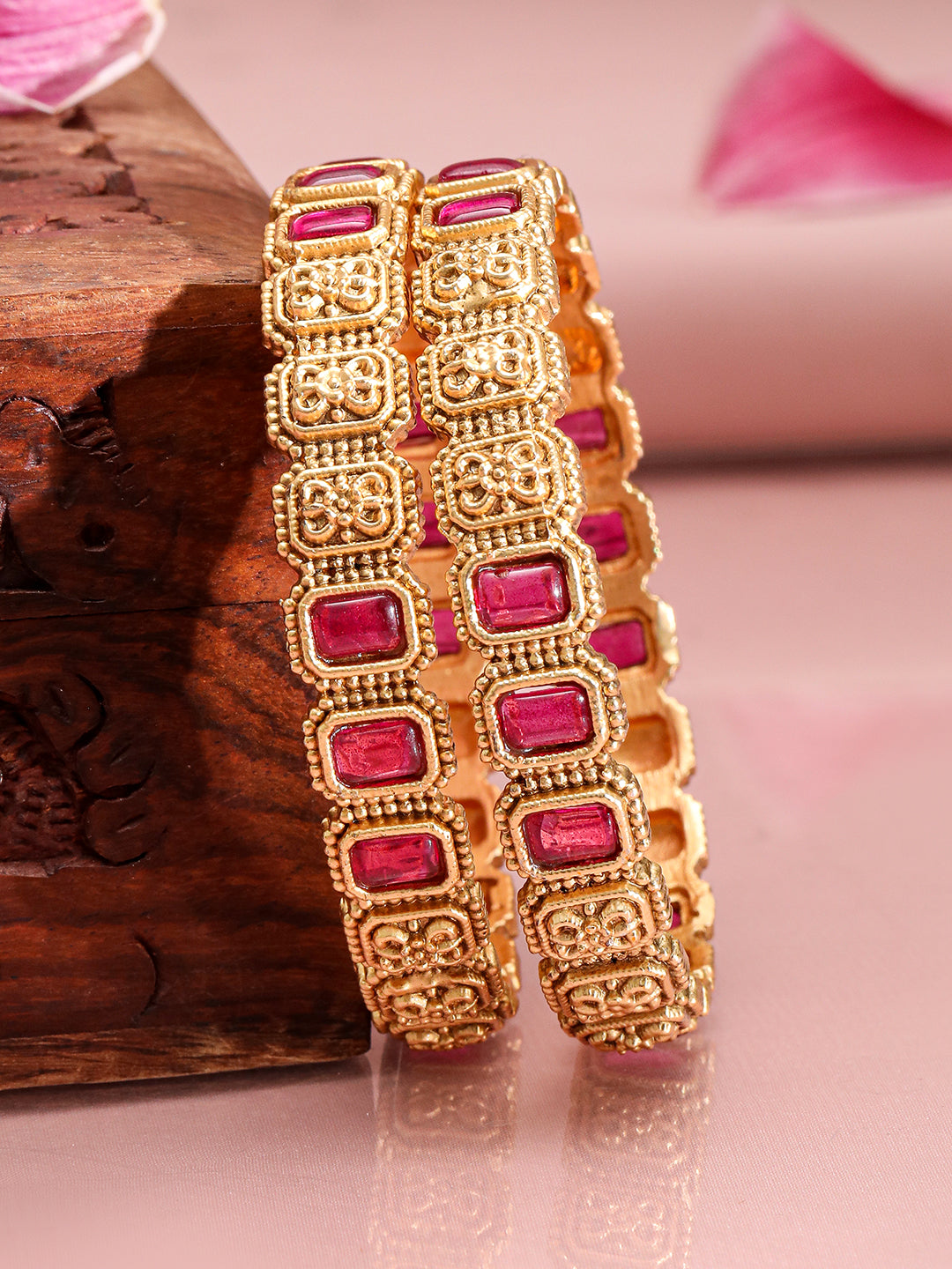 Rubans Set of 2, 22K Gold-Plated Ruby Pink Stone & Filigree Design Traditional Bangles