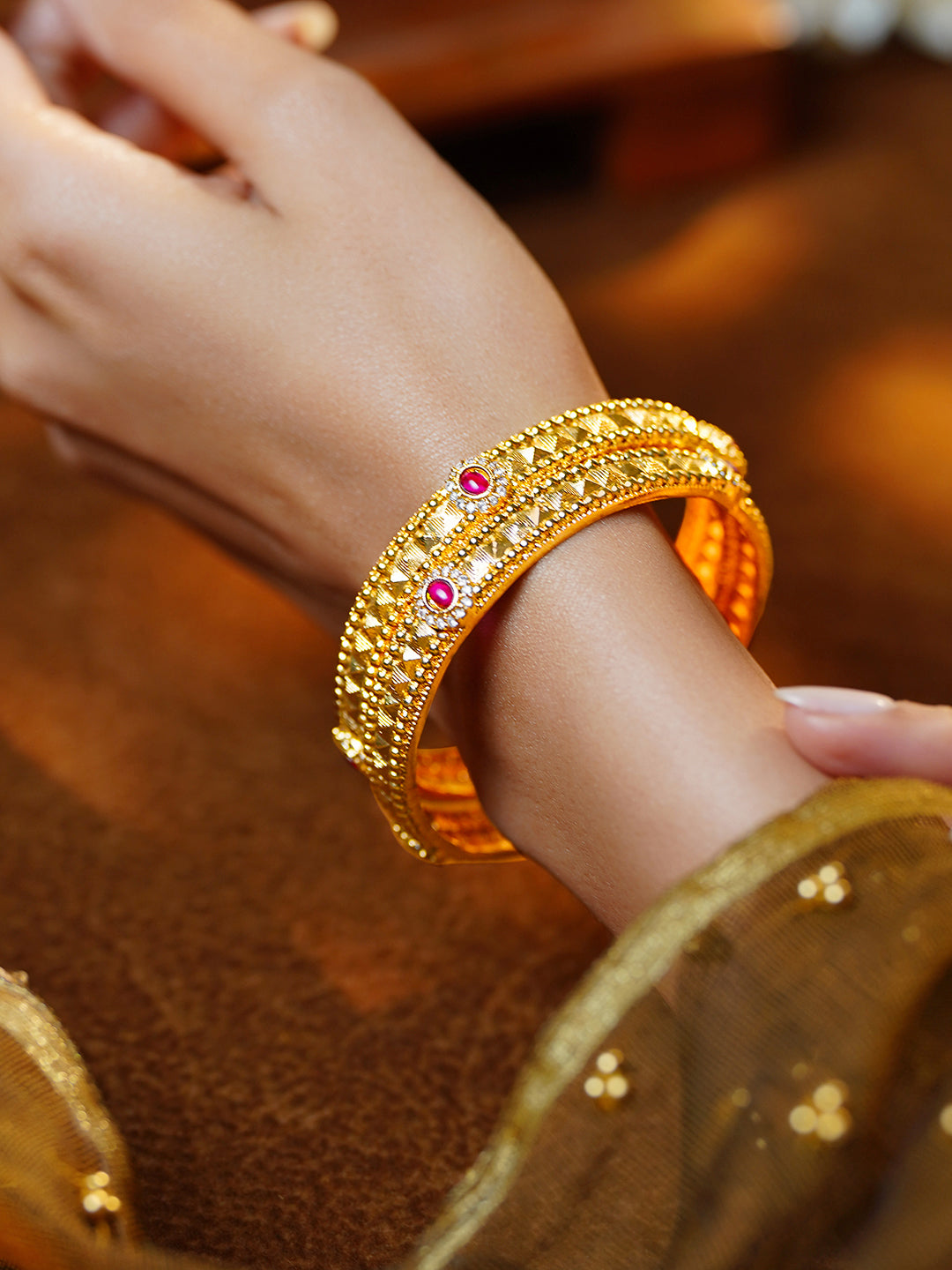 Golden Grace Ruby Touch Bangle Set of 2