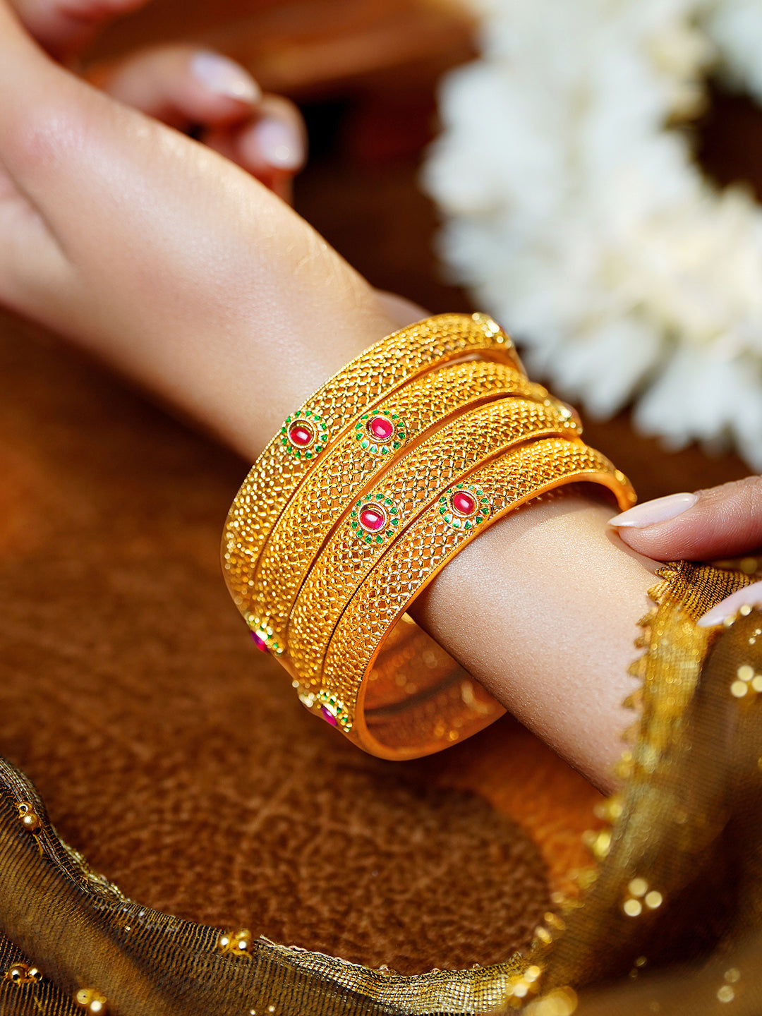 Festive Gold Plated Ruby Detail Bangles