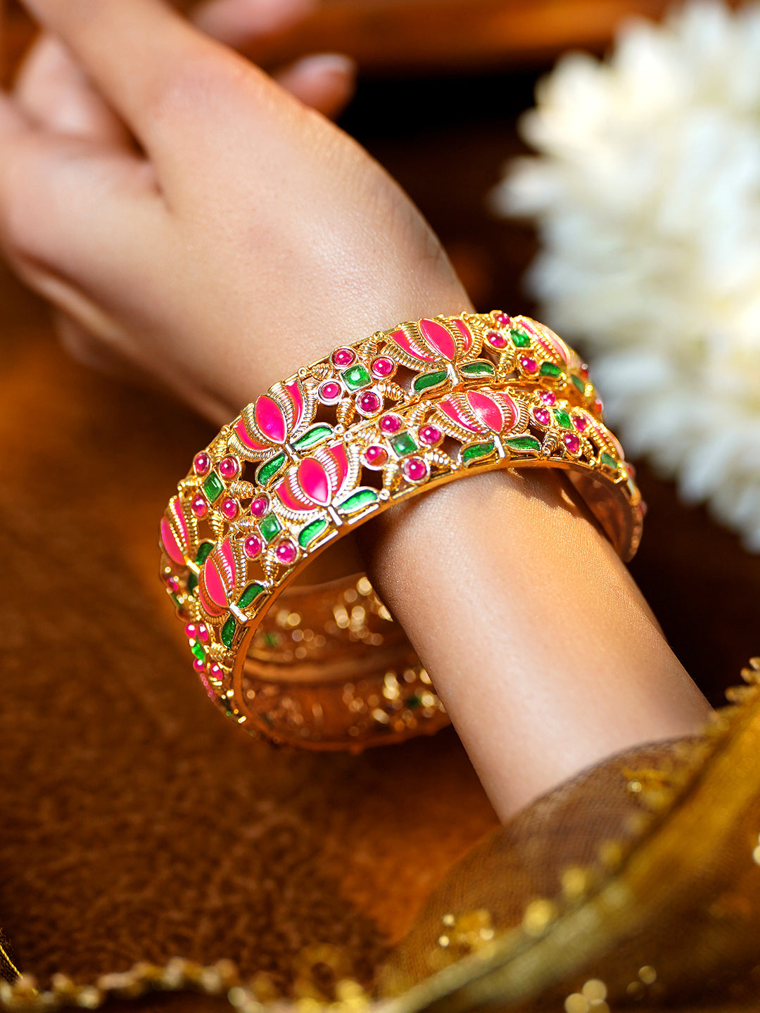 Set Of 2 Meenakari Lotus Bangle Set