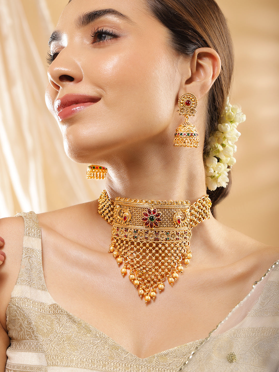Rubans 22K Gold-Plated Ruby & Emerald and Golden Beaded Detailing Handcrafted Choker Set