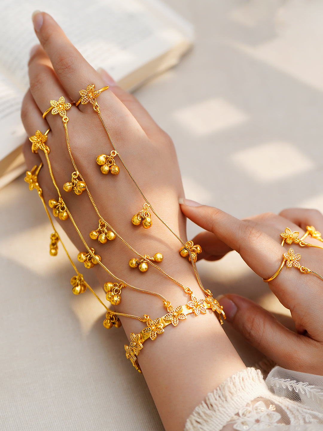 Golden Blossom Haathphool Bracelet Set