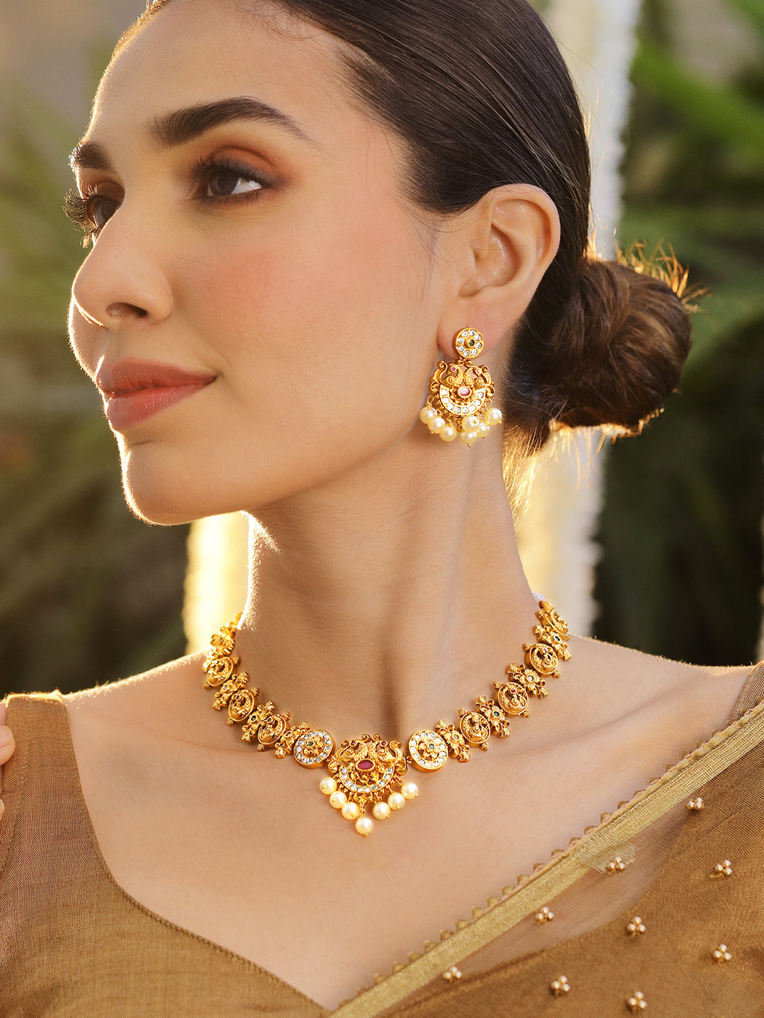 Gold Plated Green Pink Necklace Set