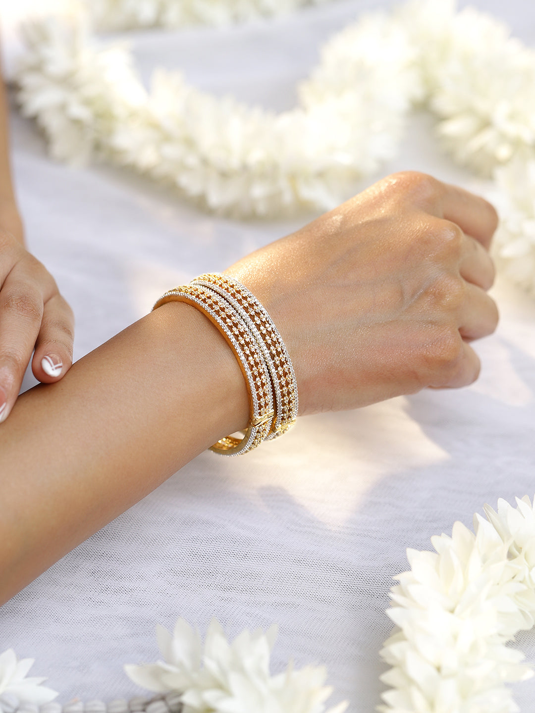 Rubans Set of 2 Rhodium & 18K Gold-Plated Cubic Zirconia Studded Designer Bangles