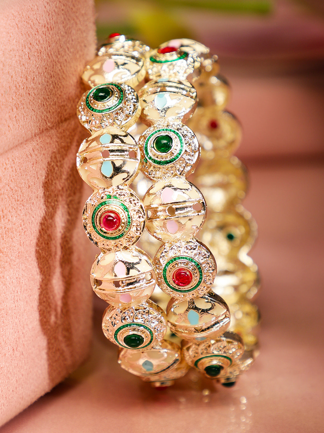 Rubans Set of 2 18K Gold Plated Red & Green Stone and Enamel Work Handcrafted Bangles