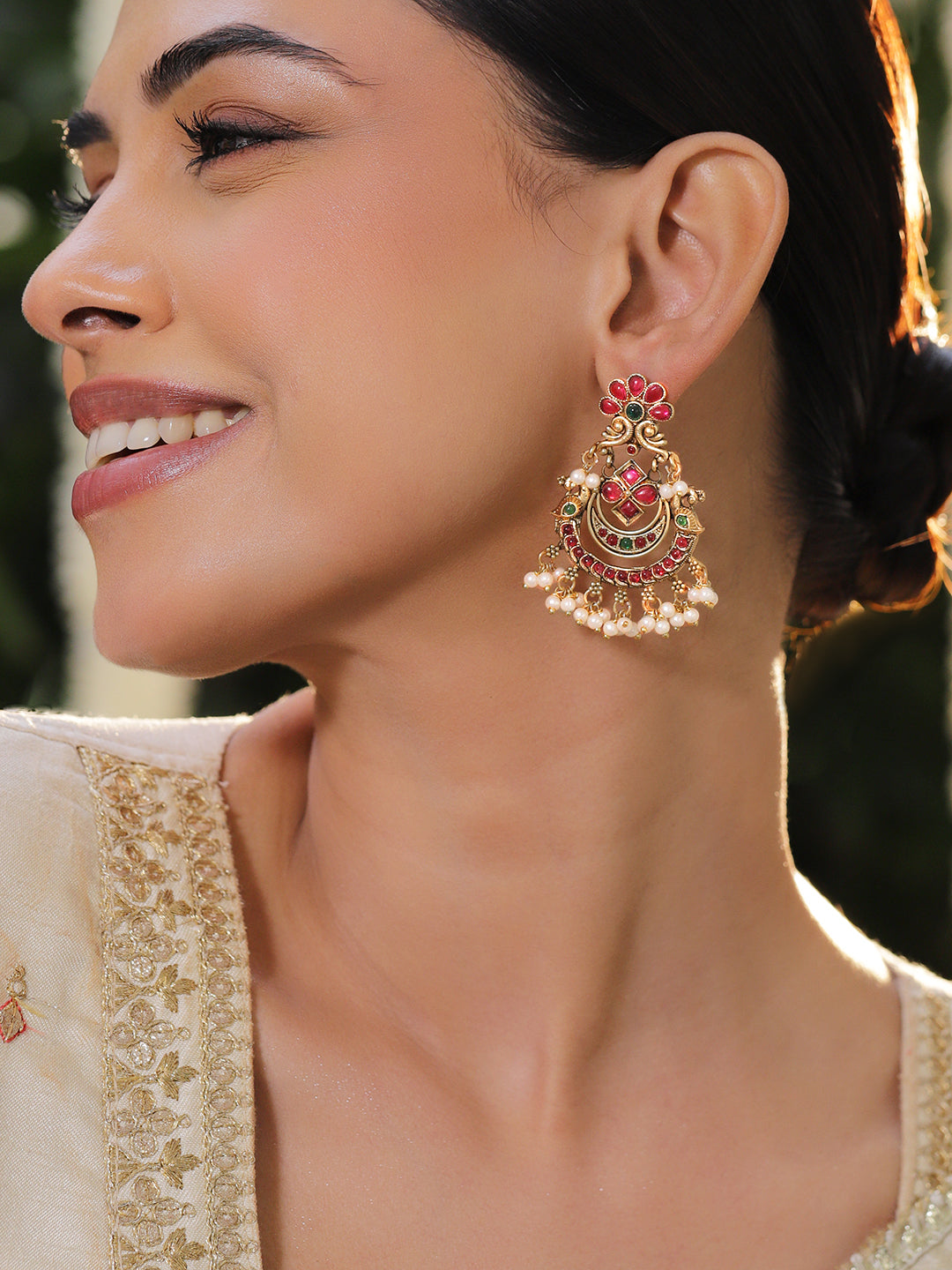 Gold Toned Pink Studded Pearl Drop Chandbalis