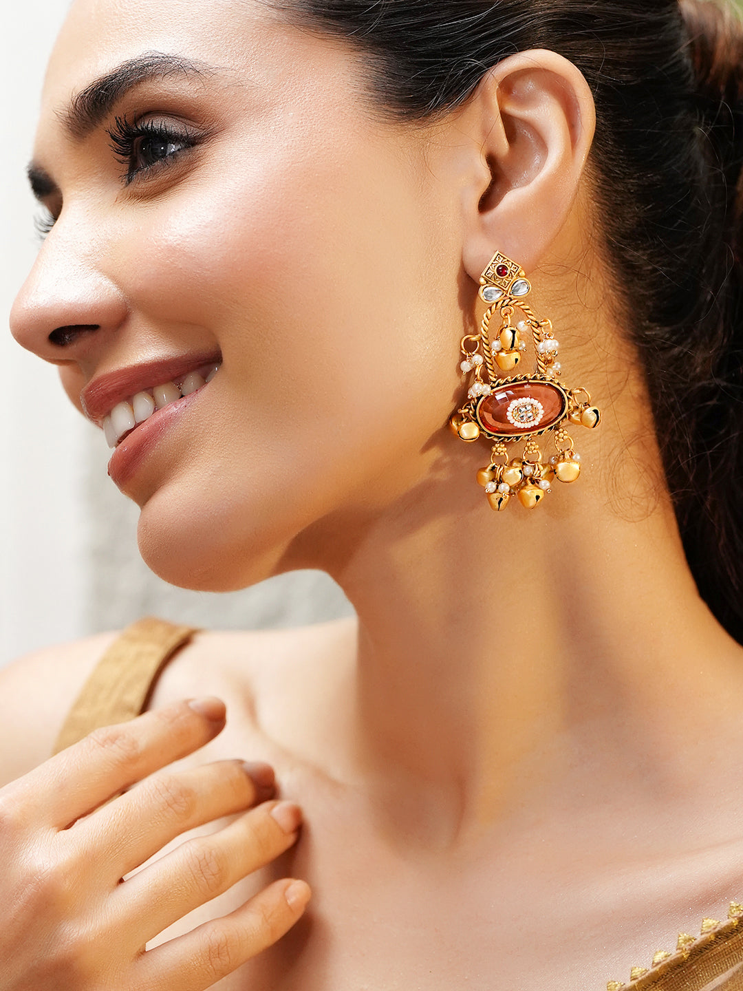 Pink Studded Gold Toned Kashmiri Dangler Earrings