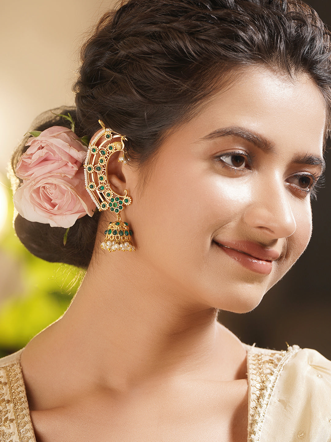 Gold Plated Brass Green Kundan Beaded Ear Cuff Jhumka Earrings