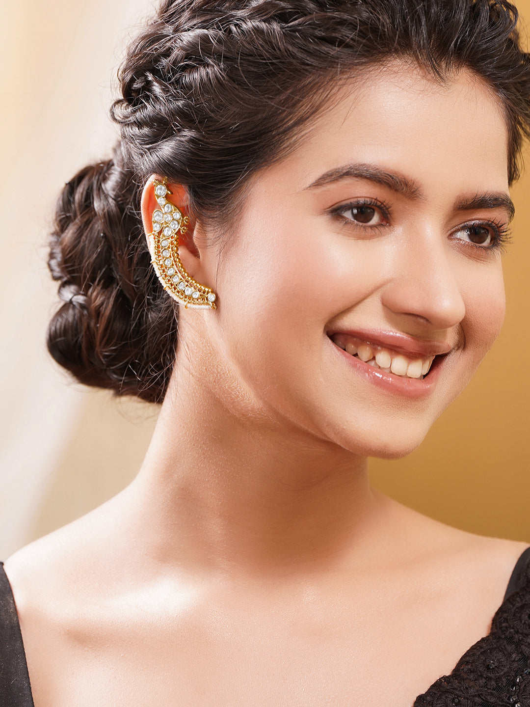 Gold Plated Brass Kundan Peacock Motif Statement Ear Cuff Earring