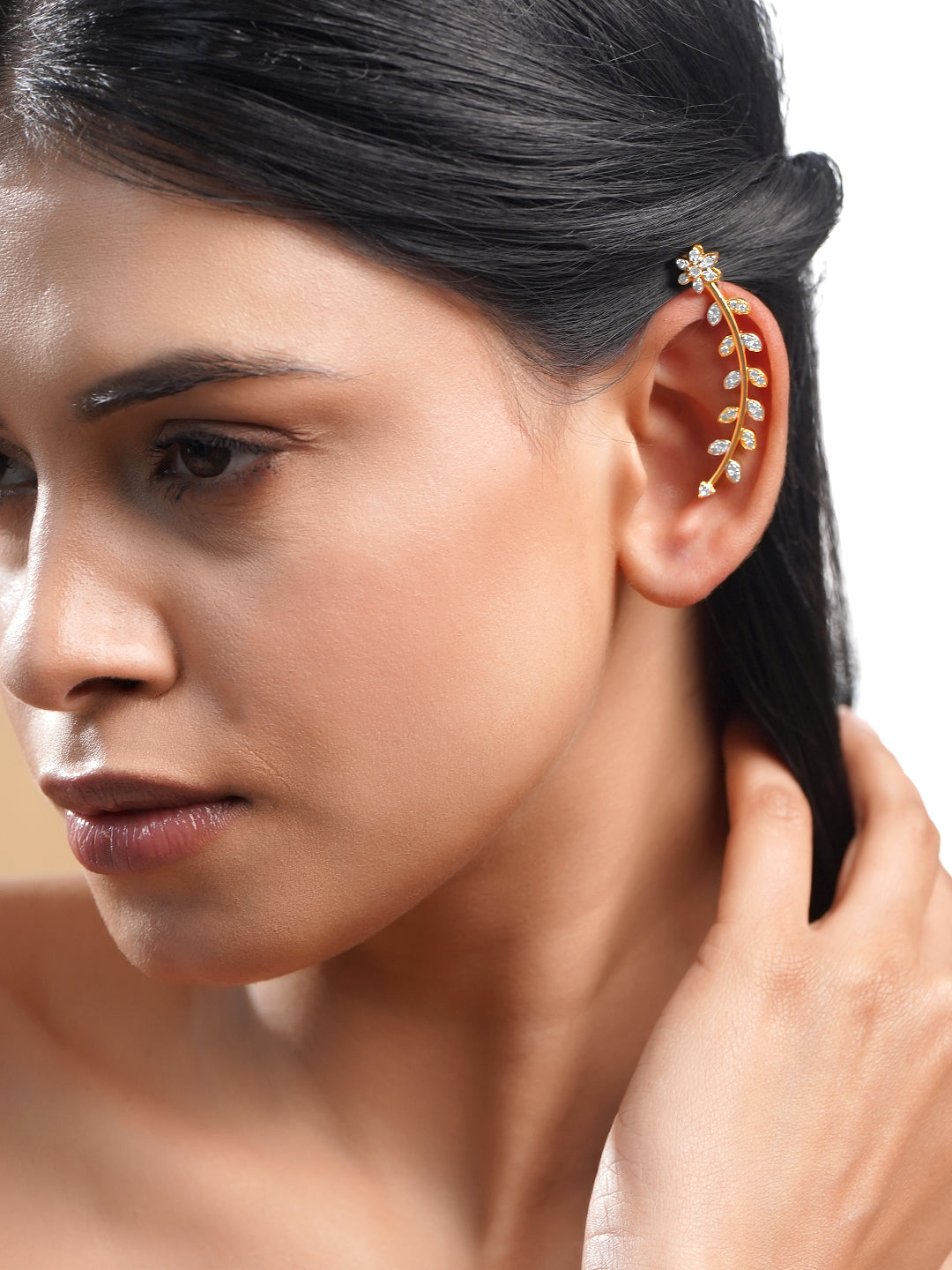 Rubans Women Gold & White Brass Cubic Zirconia Trendy 18K Gold Plated Ear Cuff
