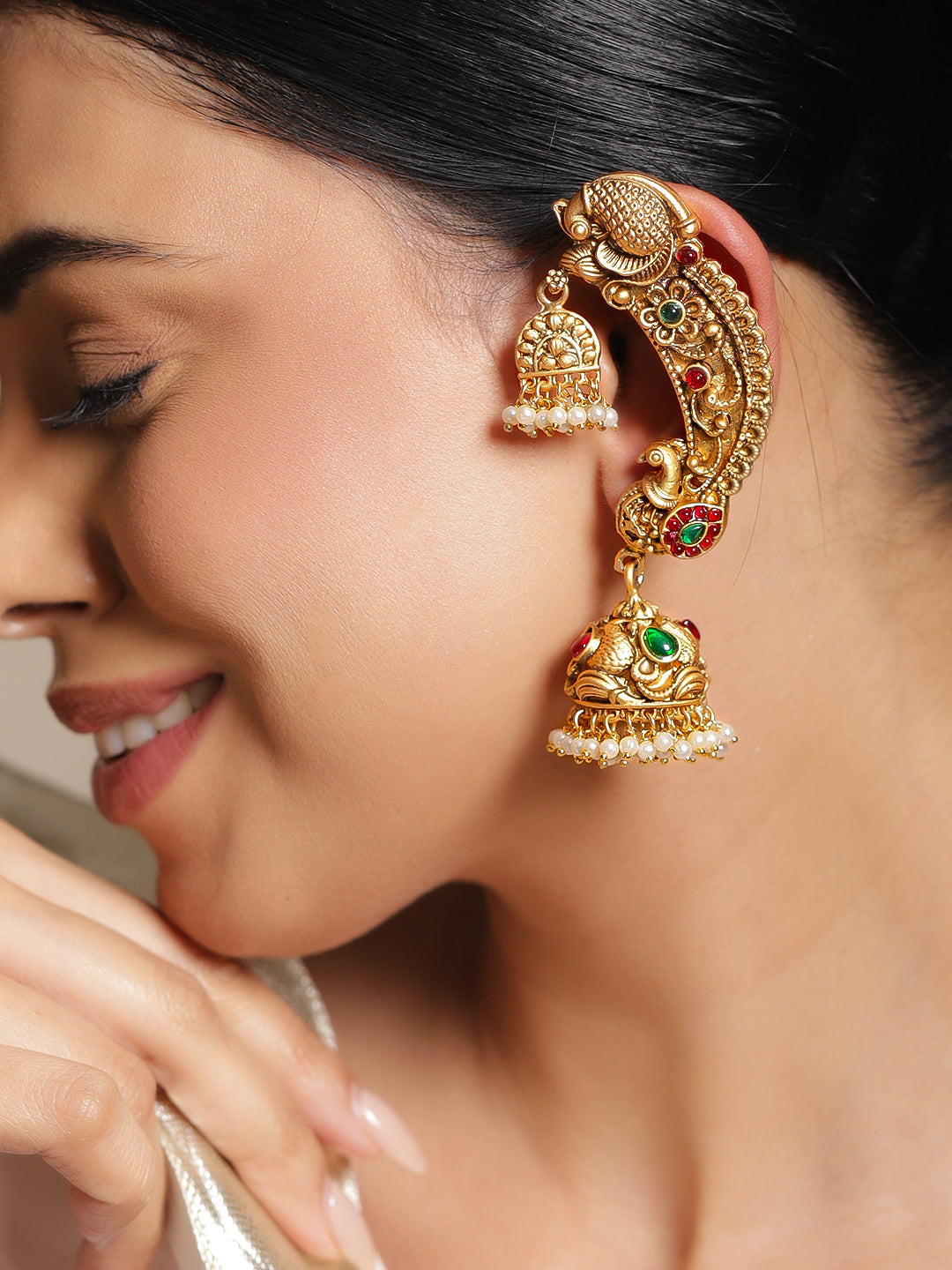 Peacock Motif Pearl Drop Gold Toned Jhumkas
