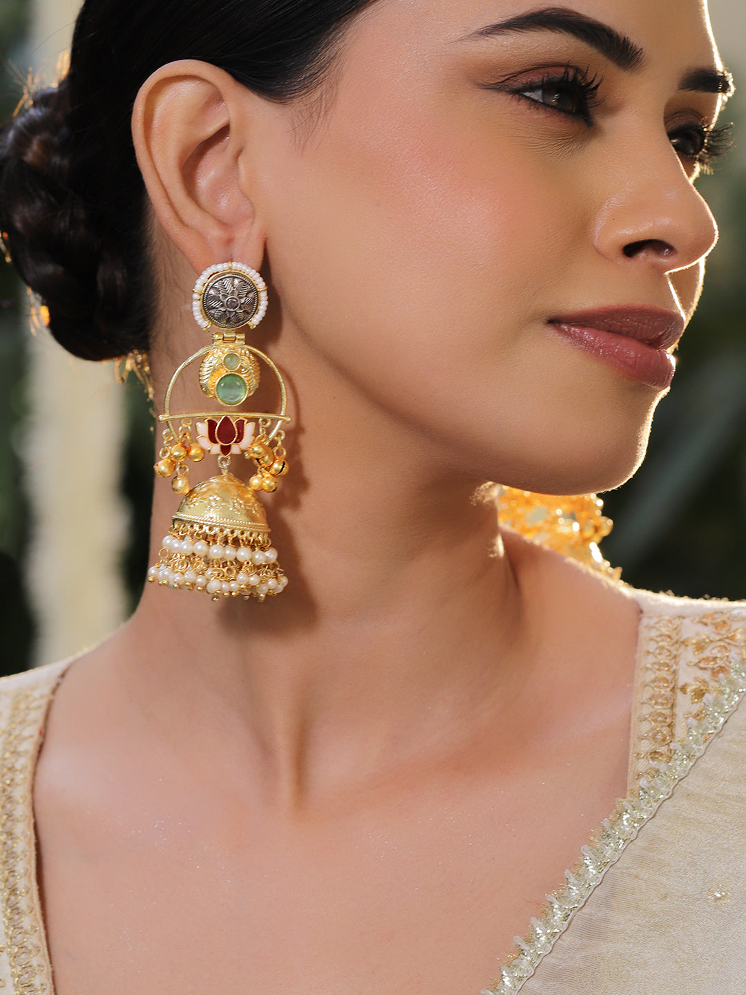 Multicolor Pearl Embellished Gold Kashmiri Jhumkas