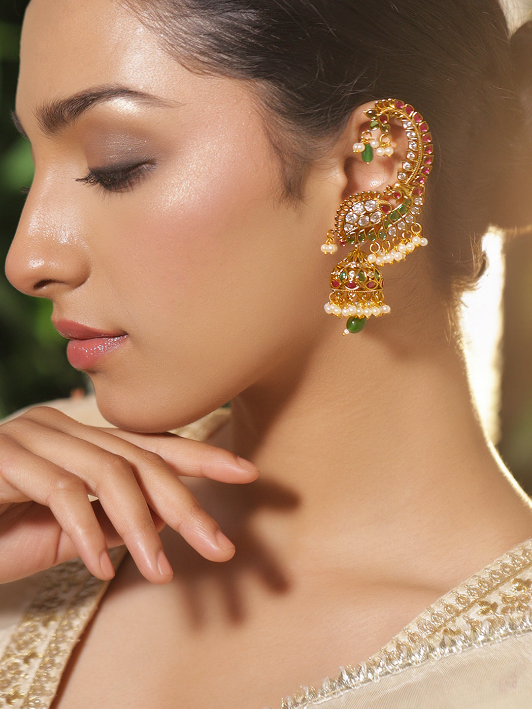 Multicolor Gold Toned Ear Cuff Jhumkas