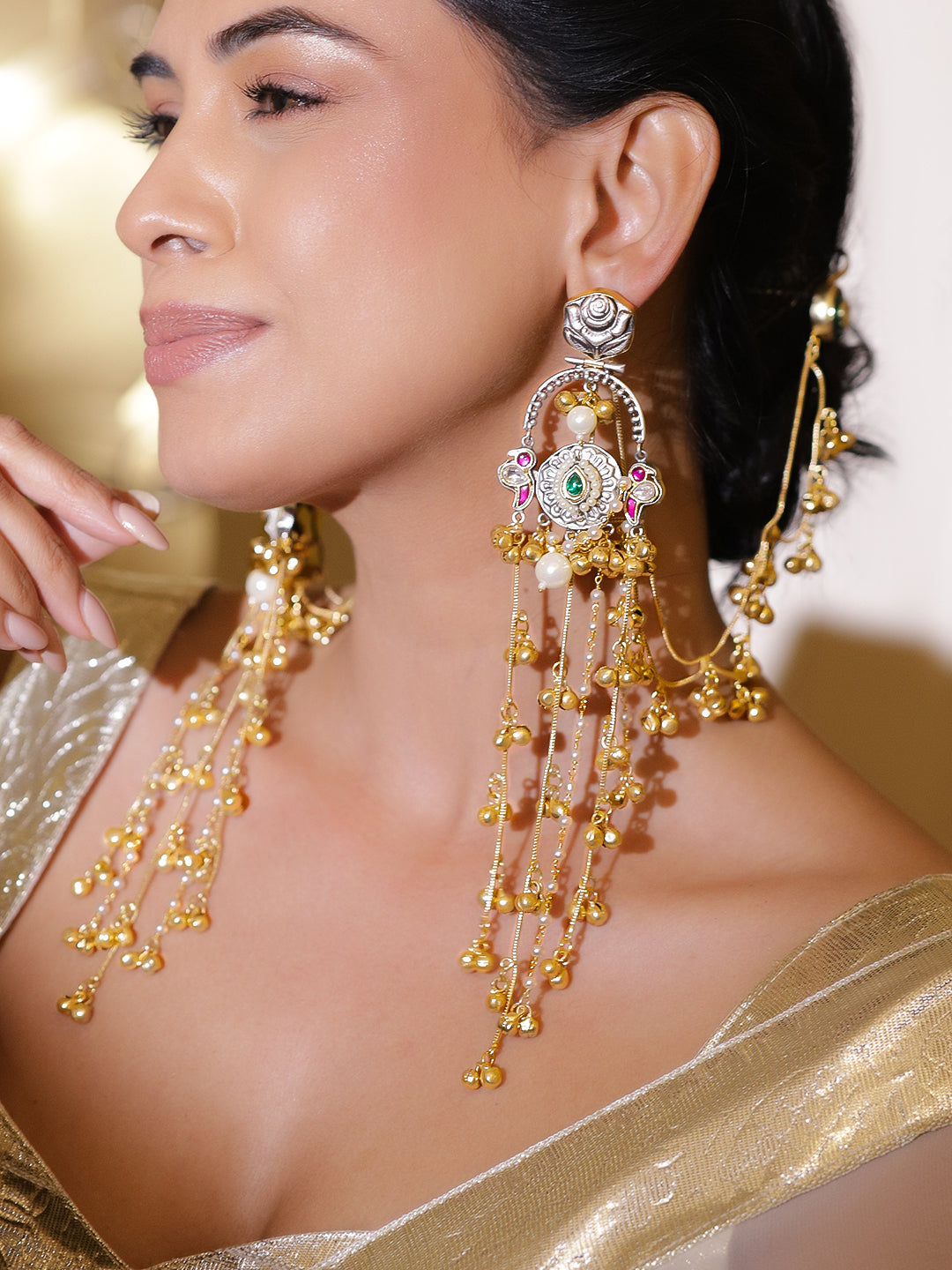 Floral Gold Beaded Kashmiri Earrings With Kaan Chain