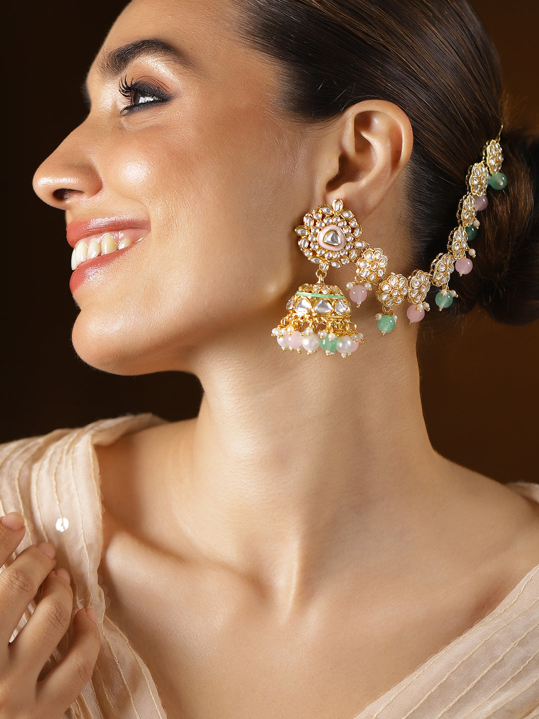 Royal Kaan Chain Kundan Mint Green Jhumka Earrings