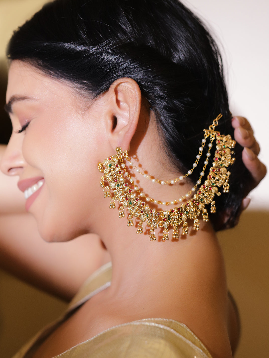 Pink & Green Studded Gold Temple Kaan Chain
