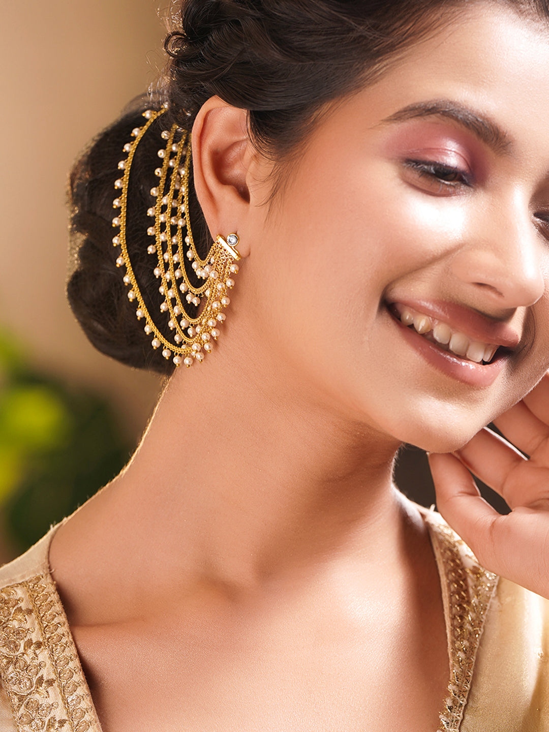 Gold Plated Brass Pearl Multi Layer Ear Kaan Chain Earrings