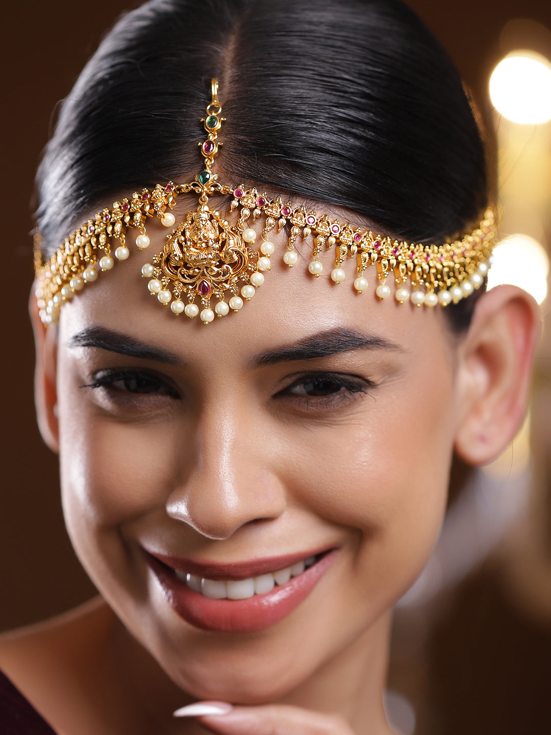 Rubans 22K Gold-Plated Lakshmi Motif Ruby Red & Emerald Green Stone & Pearl Beaded Traditional Bridal Matha Patti