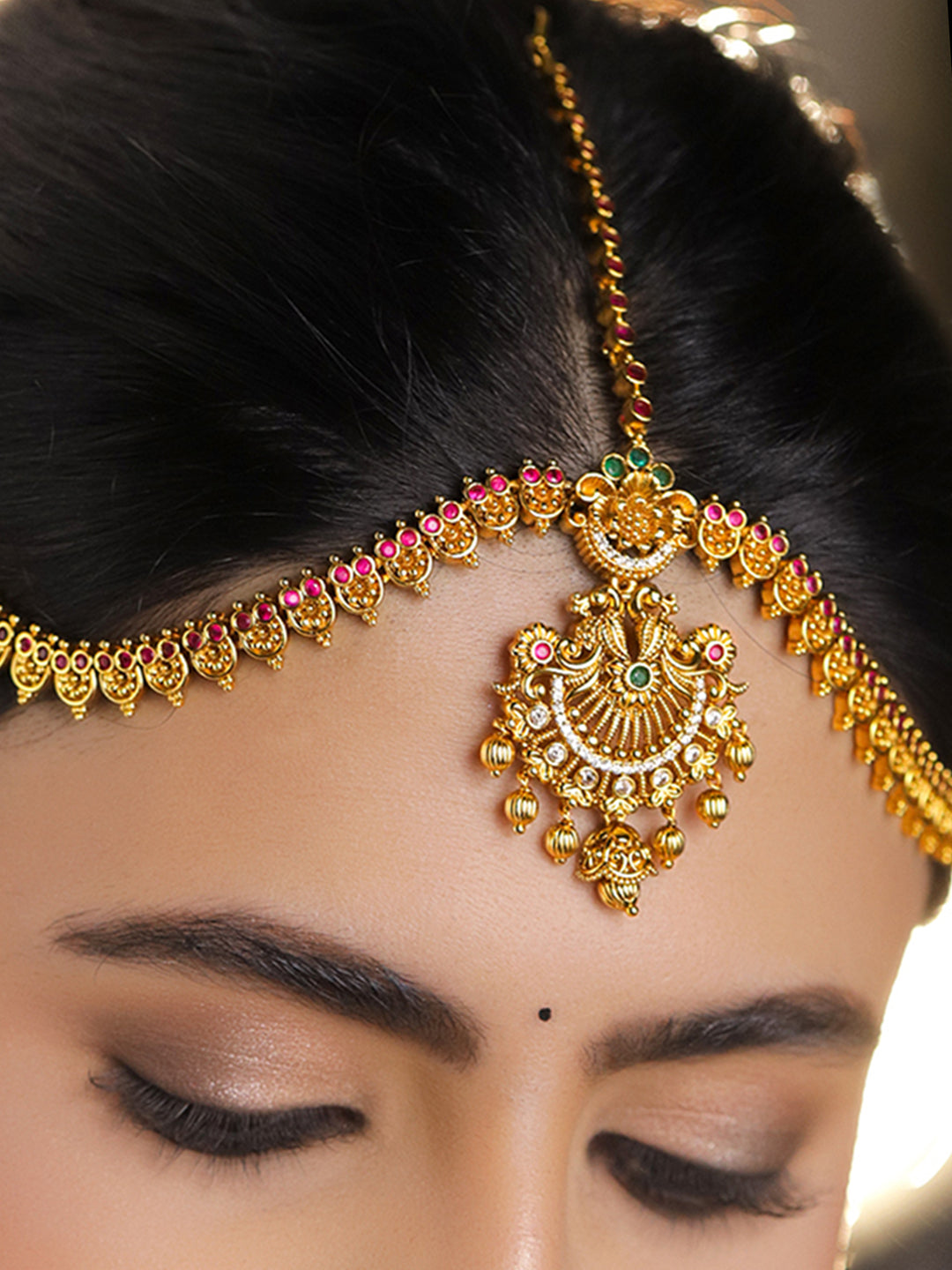 Red Studded Gold Toned Mathapatti