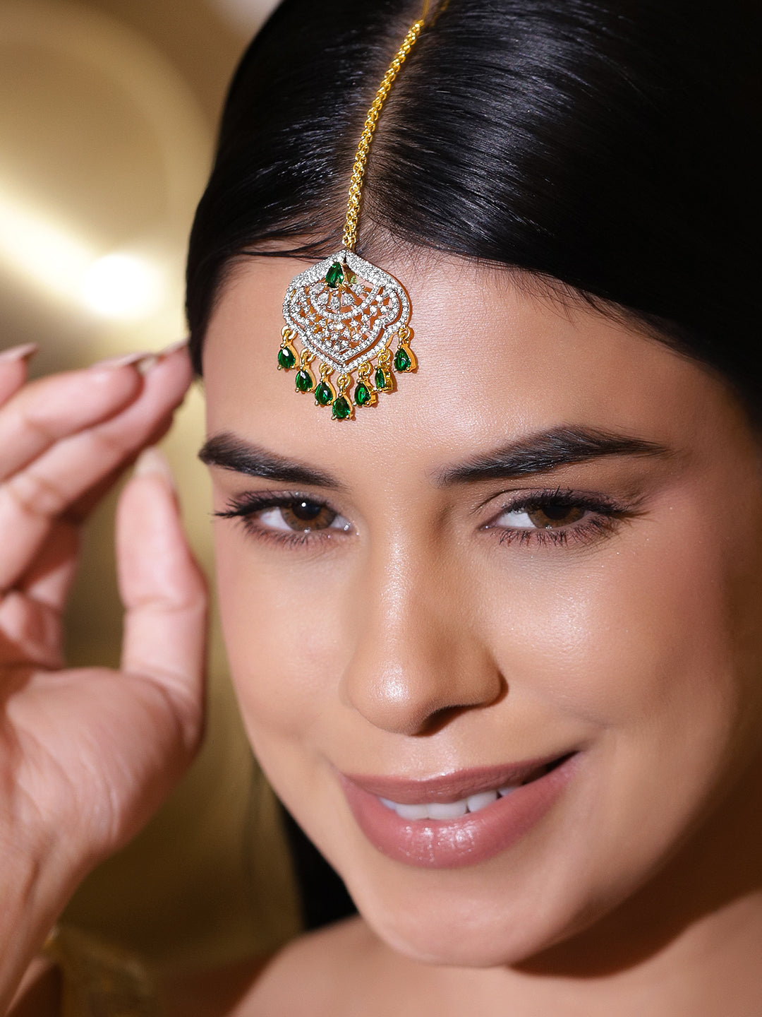 American Diamond Zirconia Green Maangtikka